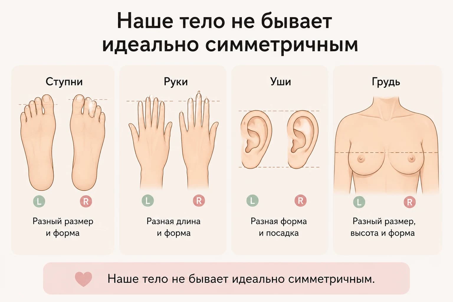 Наше тело не бывает идеально симметричным: ступни, руки, уши и грудь