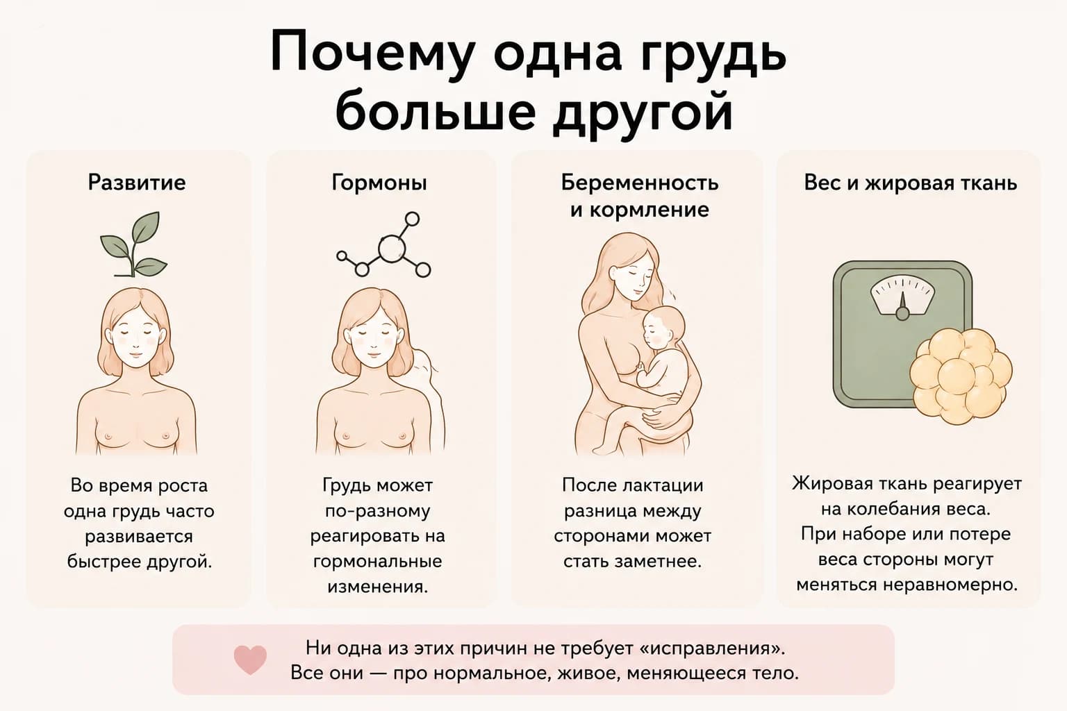 Причины асимметрии груди: развитие в подростковом возрасте, гормоны, беременность и кормление, вес и жировая ткань