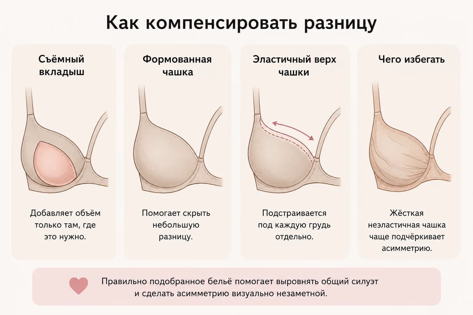Как компенсировать разницу: съёмный вкладыш, формованная чашка, эластичный верх чашки, и чего избегать